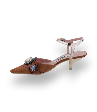 RAS Sling in Braun – Veloursleder mit Pastell-Schmucksteinen & Metallic-Absatz