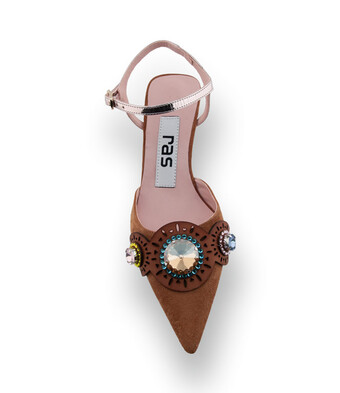 RAS Sling in Braun – Veloursleder mit Pastell-Schmucksteinen & Metallic-Absatz