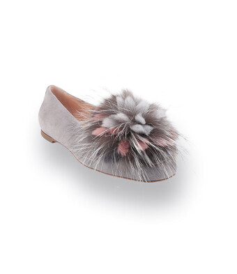 AGL Memy Ponpon Loafer in grau velours mit Fellbommel