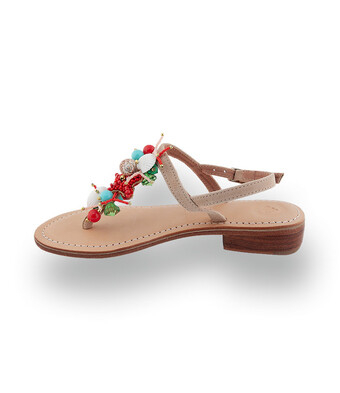 Damen-Dianette in Beige Velours mit buntem Südsee-Dekor