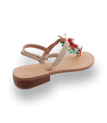 Damen-Dianette in Beige Velours mit buntem Südsee-Dekor