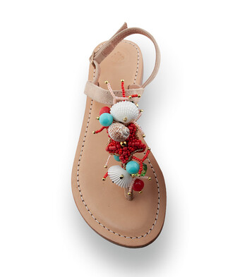 Damen-Dianette in Beige Velours mit buntem Südsee-Dekor