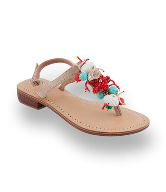 Damen-Dianette in Beige Velours mit buntem Südsee-Dekor