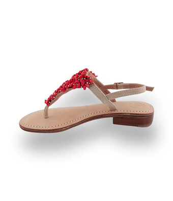 Damen-Dianette in Beige Velours mit roten Akzenten