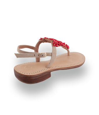 Damen-Dianette in Beige Velours mit roten Akzenten