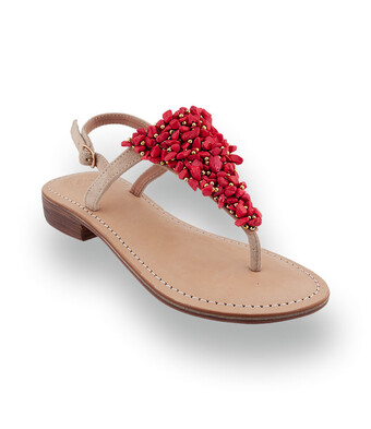 Damen-Dianette in Beige Velours mit roten Akzenten