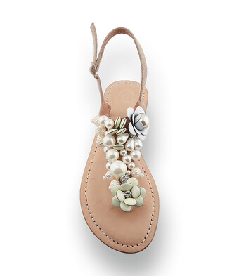 Damen-Dianette in Wei&szlig; mit floraler Bestickung auf Beige