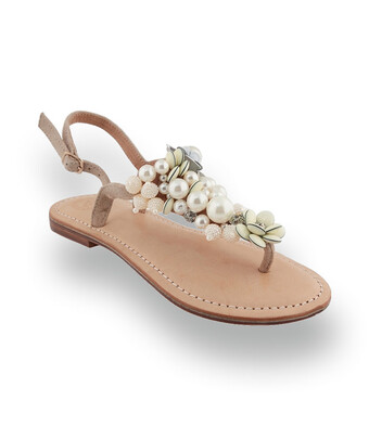 Damen-Dianette in Wei&szlig; mit floraler Bestickung auf Beige