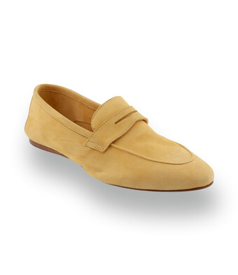 Lakota - Traditioneller Velours-Mokassin mit Collegespange in Gelb