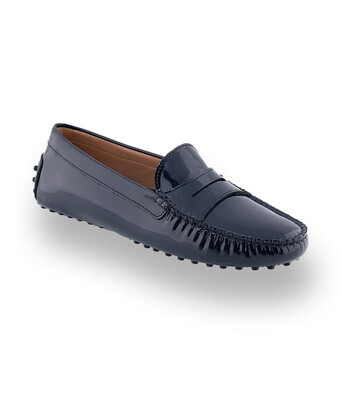 Klassischer Damen-Mokassin in Dunkelblau Lack mit schwarzen Noppen