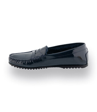 Mokassin - Loafer in dunkelblau Lackleder mit Lammfellfutter