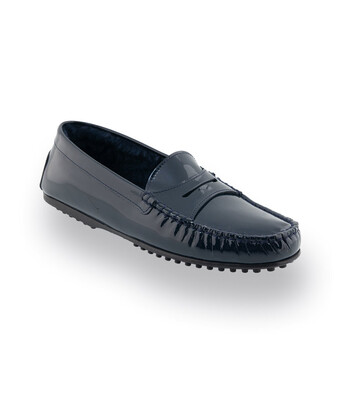 Mokassin - Loafer in dunkelblau Lackleder mit Lammfellfutter