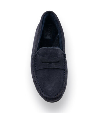 Mokassin - Loafer in Blau Veloursleder mit Lammfellfutter