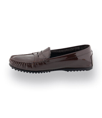 Mokassin - Loafer in dunkelbraun Lackleder mit Lammfellfutter