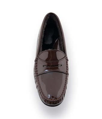 Mokassin - Loafer in dunkelbraun Lackleder mit Lammfellfutter