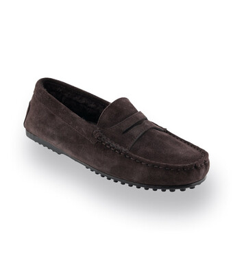 Mokassin - Loafer in braun Veloursleder mit Lammfellfutter