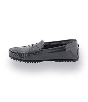Mokassin - Loafer in grau Lack mit Lammfellfutter