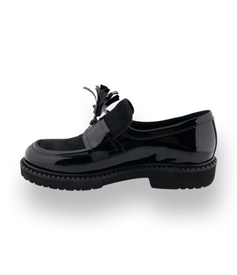 LM officine venete Loafer in schwarz Lack mit Ponyfell einsatz