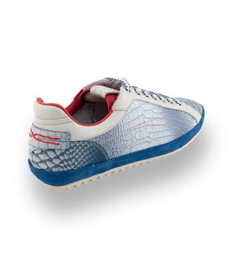 Lorenzi Edelsneaker - Blaue Schlangen-Optik mit Signal-Rot