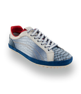Lorenzi Edelsneaker - Blaue Schlangen-Optik mit Signal-Rot