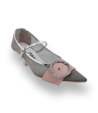 RAS Pumps in Silber-Mesh &amp; Rosa &ndash; Glamour&ouml;ser Mary-Jane mit Strass-Brosche