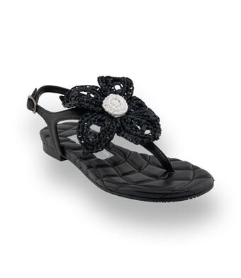 RAS Sandalette in Schwarz &ndash; Mit charmanter Bastblume &amp; Leder-Details