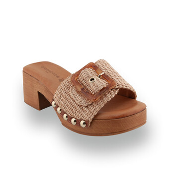 Sandro Rosi: Modischer Bast-Clog mit markanter Schnalle in Beige