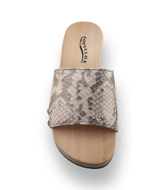 Softclox Be - Exklusiver Holz-Clog mit Schlangenpr&auml;gung in Beige-Braun