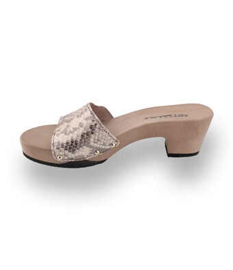 Softclox Kelly - Exklusiver Holz-Clog mit Schlangenprägung in Beige-Braun