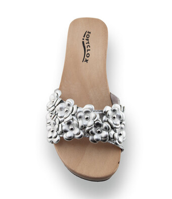 Softclox Kara - Flexible Holz-Pantolette mit Blütendekor in Silber
