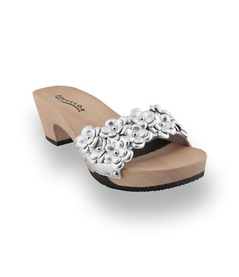 Softclox Kara - Flexible Holz-Pantolette mit Blütendekor in Silber