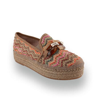 Viguera - Edle Bast-Slip-Ons mit bunten Streifen und Horn-Kette in Beige-Braun