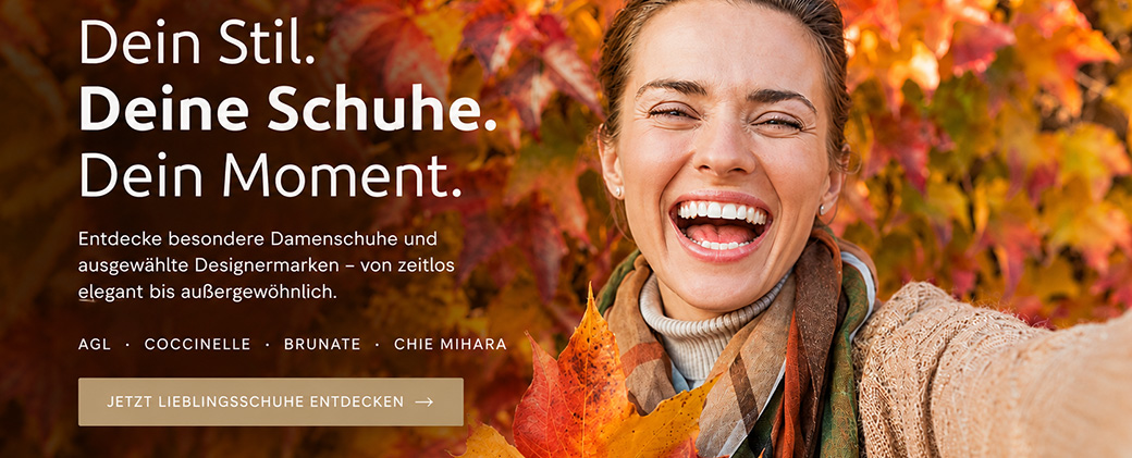Schuhwahnsinn – Neue Herbstmode mit Schuhen, Taschen und Bekleidung Herbstbanner von Schuhwahnsinn mit lachender Frau und neuer Herbstmode für Schuhe, Taschen und Bekleidung